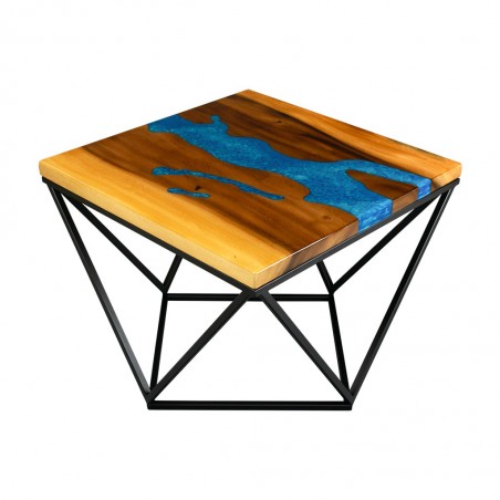 Diamond shaped coffee table with blue resin