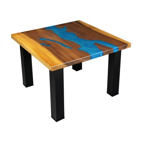 Coffee table on metal legs with blue epoxy resin