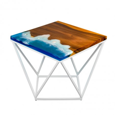 Modern wood coffee table, ocean wave, blue resin