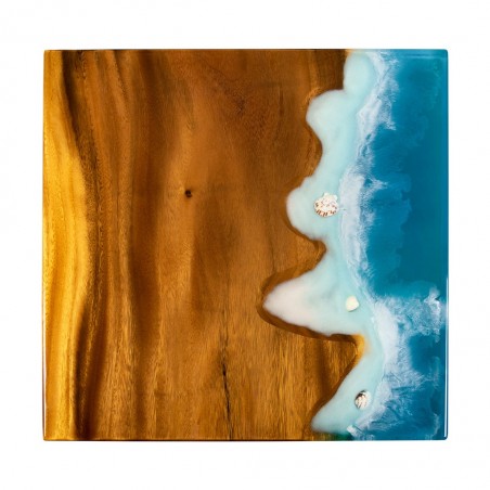 Modern wood coffee table, ocean wave, blue resin